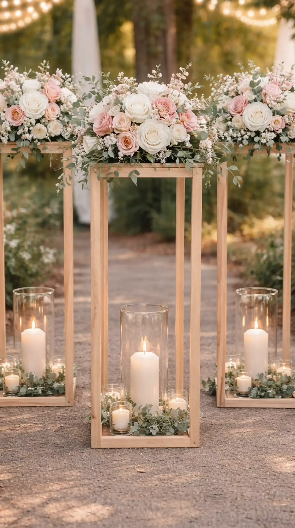 Colonne in legno con rose bianche e rosa lungo una cerimonia