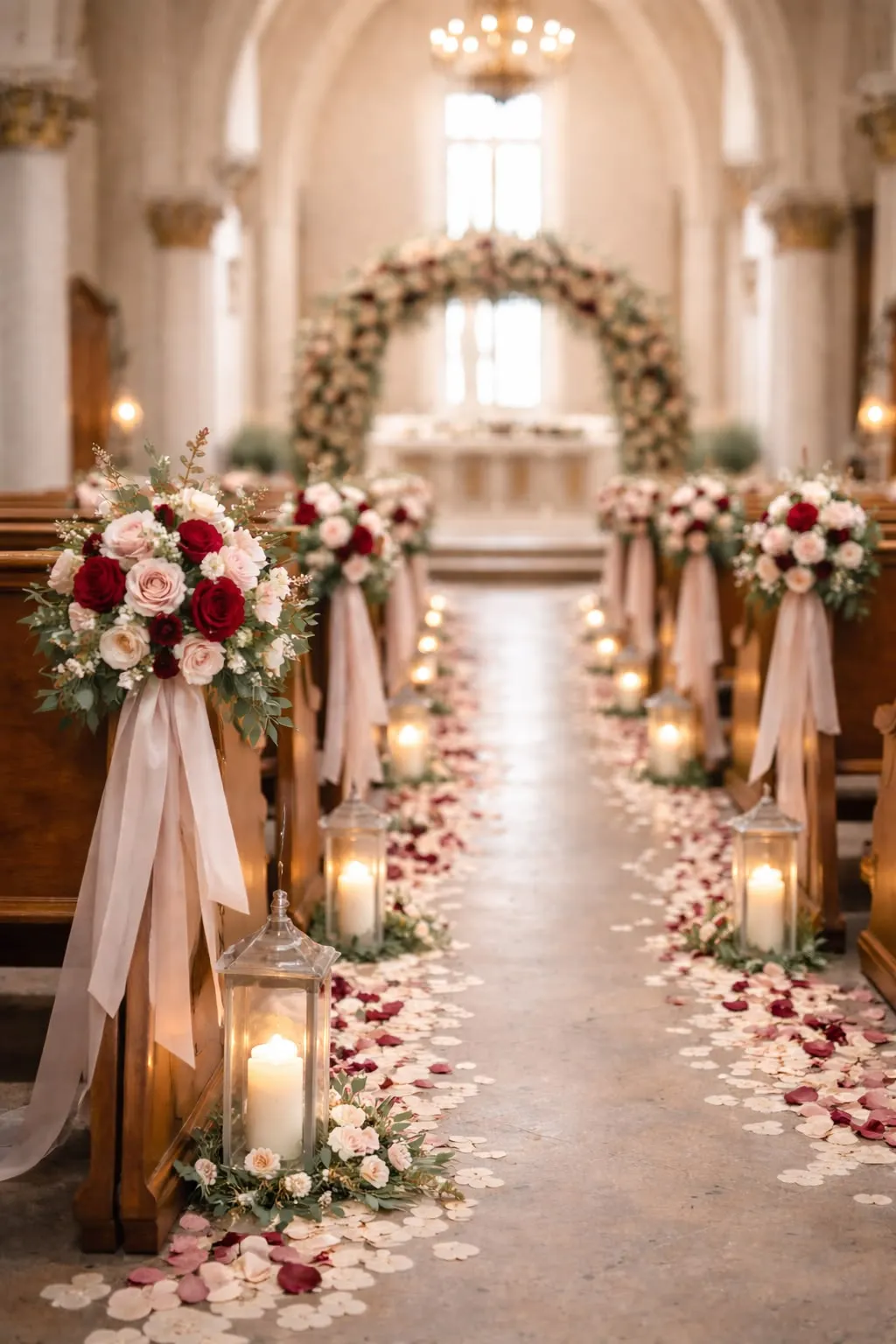 Navata di chiesa allestita con rose, lanterne e petali