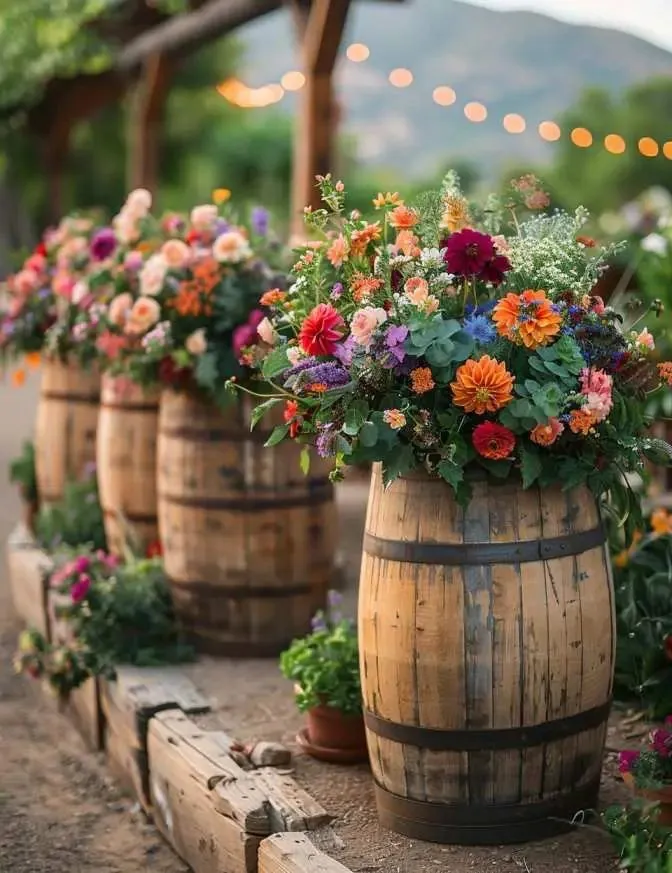 Serie di botti con fiori estivi colorati in un giardino