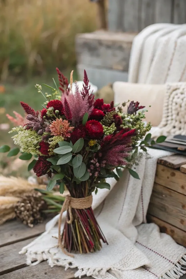 Bouquet rustico bordeaux con protea, amaranto e spighe