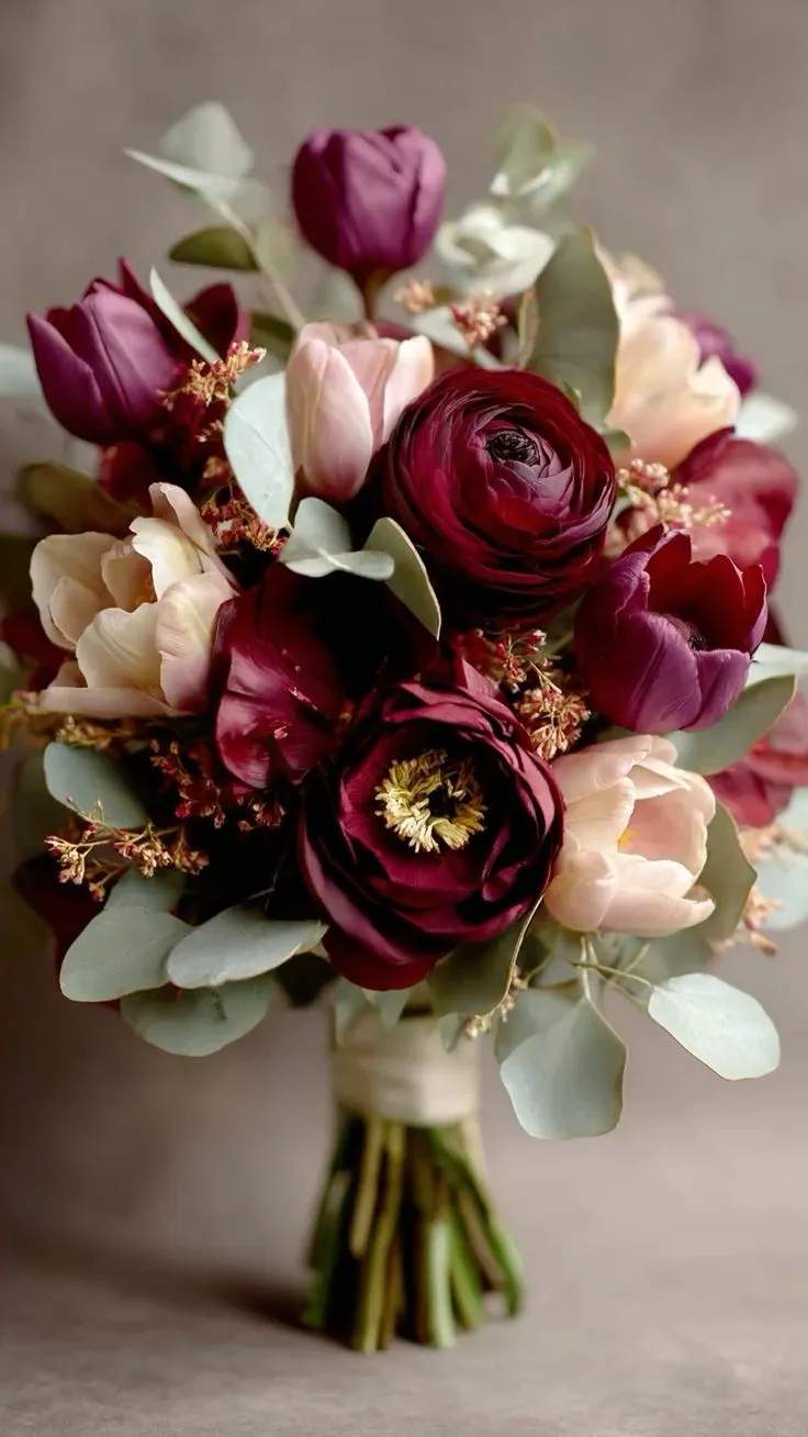 Bouquet di ranuncoli borgogna, peonie e rose cipria