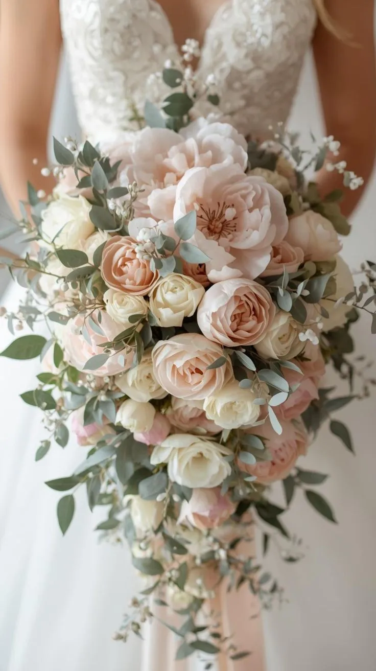 Bouquet a cascata di rose pesca e avorio