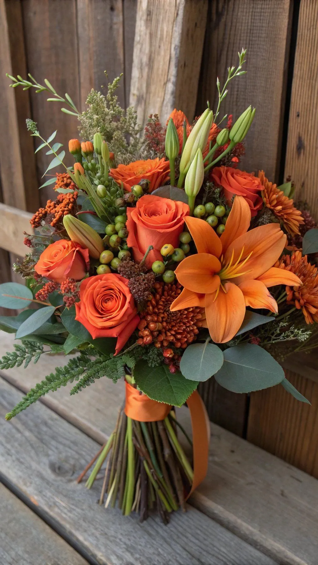 Bouquet di gigli e rose arancio con bacche verdi