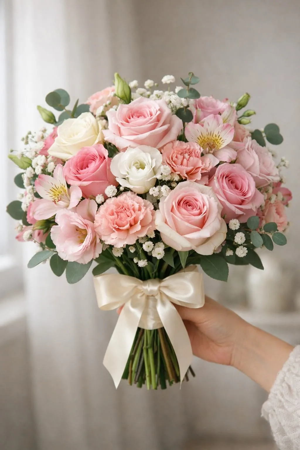 Bouquet tondo di rose rosa e alstroemeria con nastro avorio