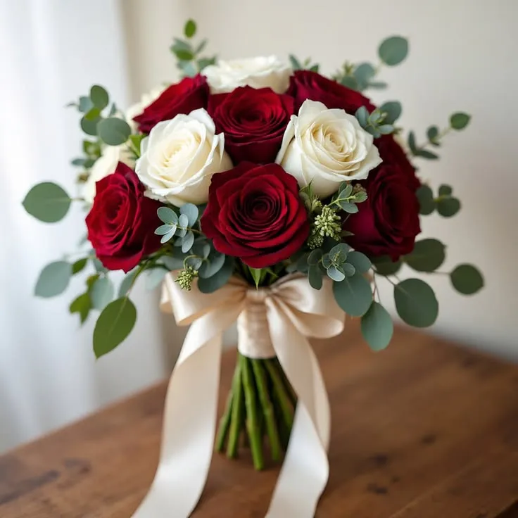 Bouquet di rose rosse e avorio con nastro crema