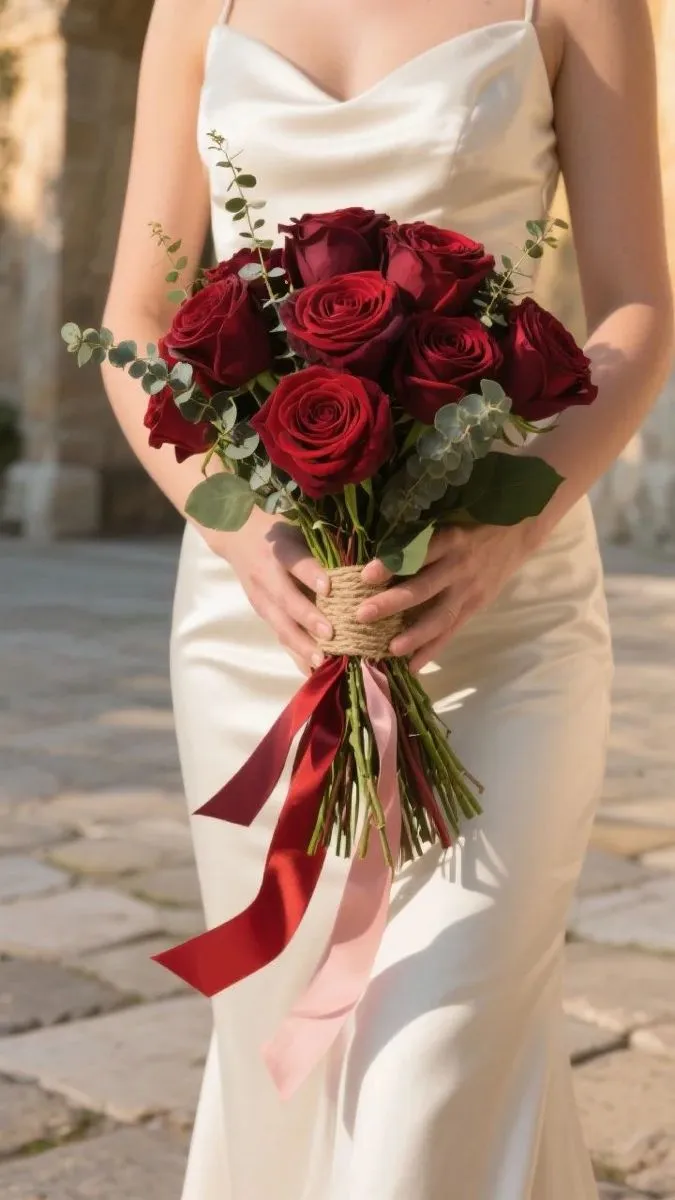 Sposa in abito di raso con piccolo bouquet di rose rosse