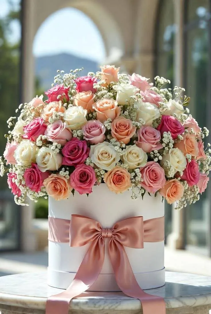 Cupola di rose rosa e crema in cappelliera bianca con fiocco cipria