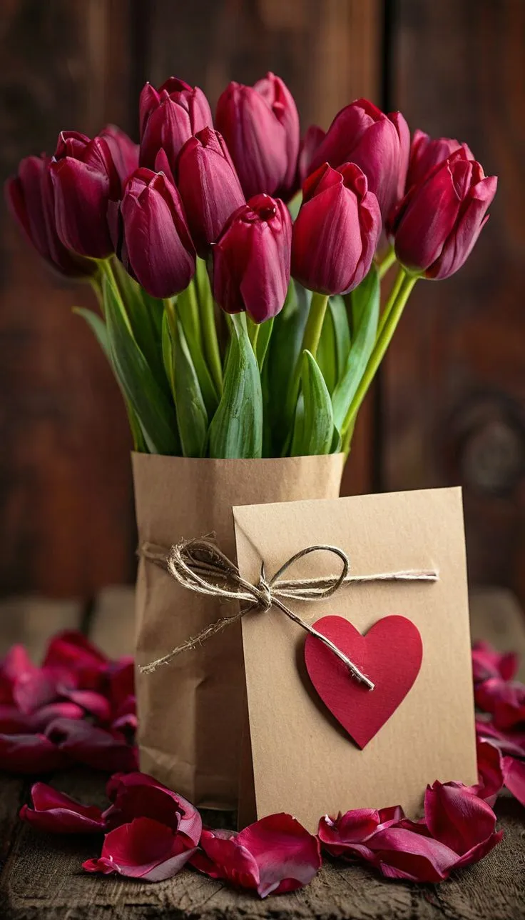 Tulipani bordeaux in carta kraft con bigliettino a cuore