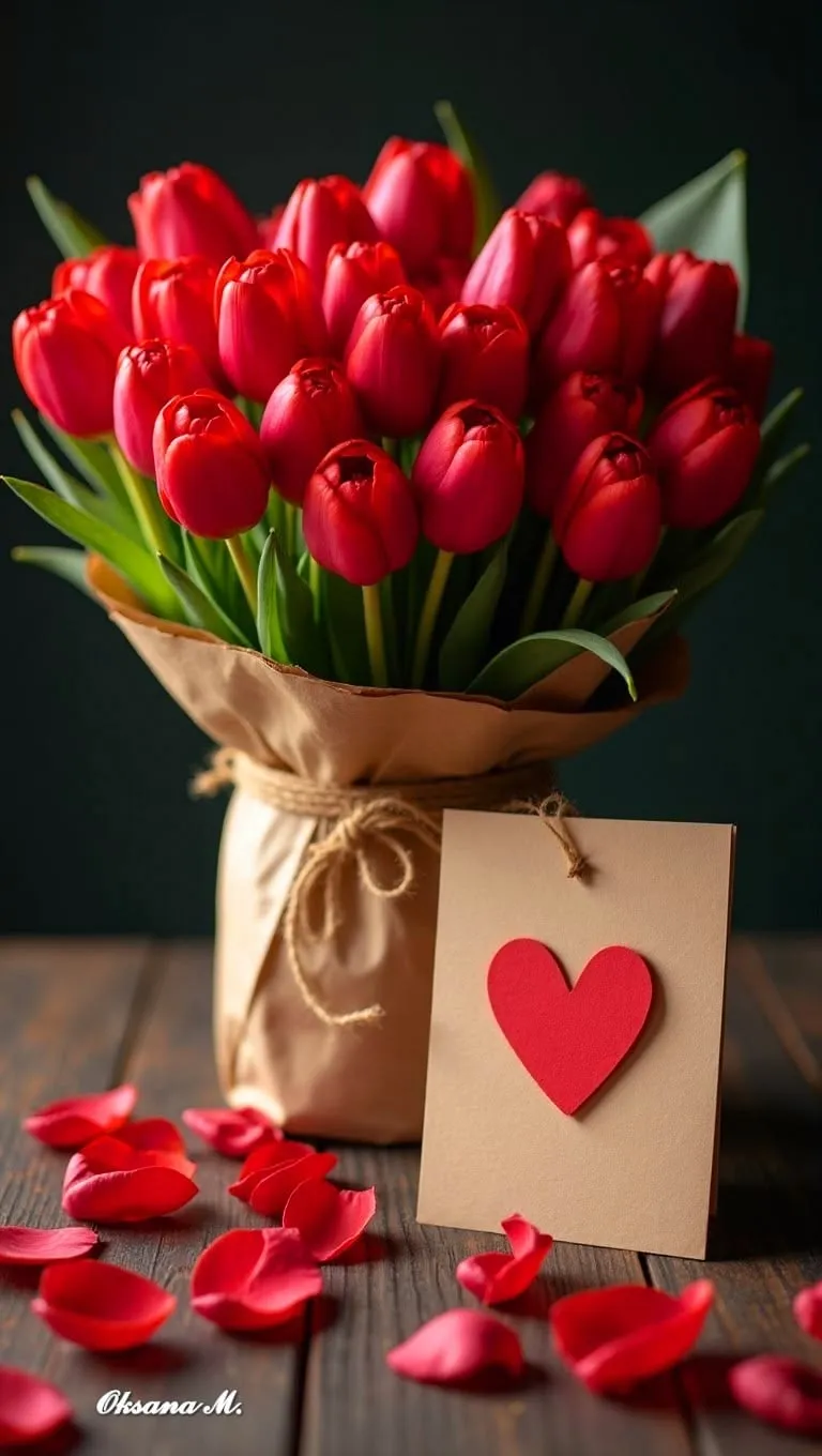 Tulipani rossi in carta kraft con bigliettino a cuore