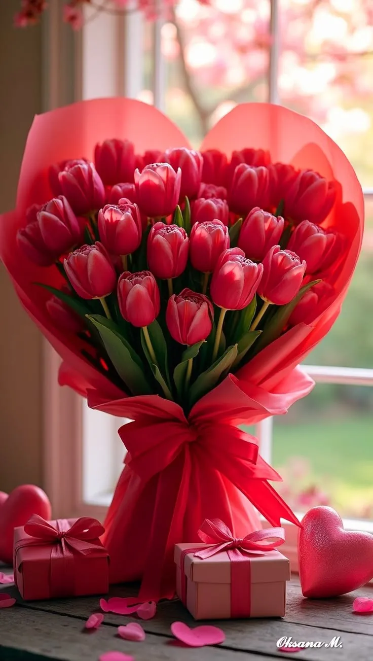 Mazzo di tulipani rossi confezionato a forma di cuore