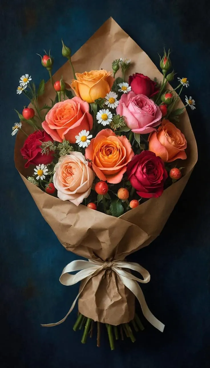 Mazzo di rose arancio e rosa avvolto in carta kraft