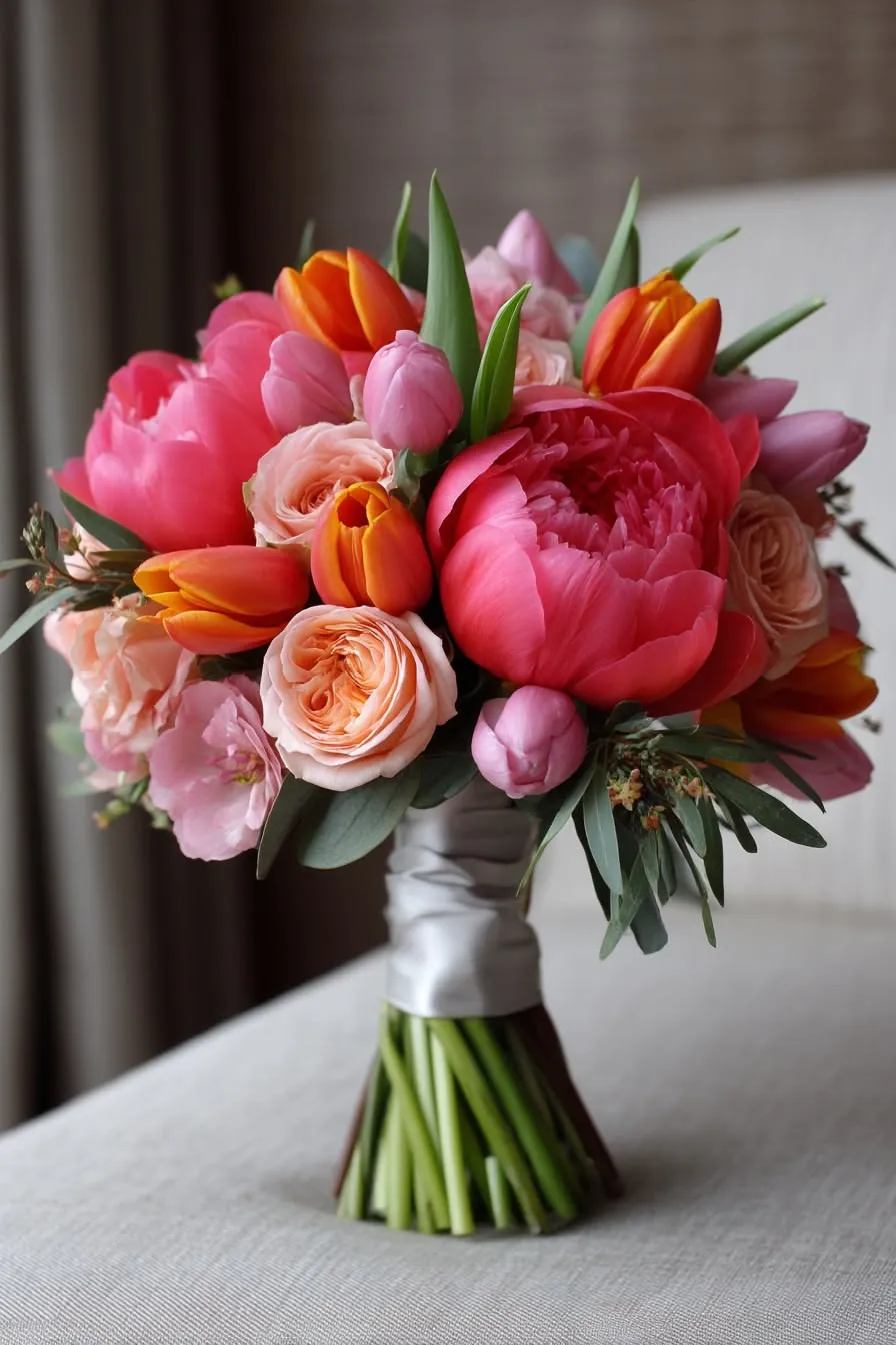 Mazzo di peonie corallo, tulipani e rose pesca