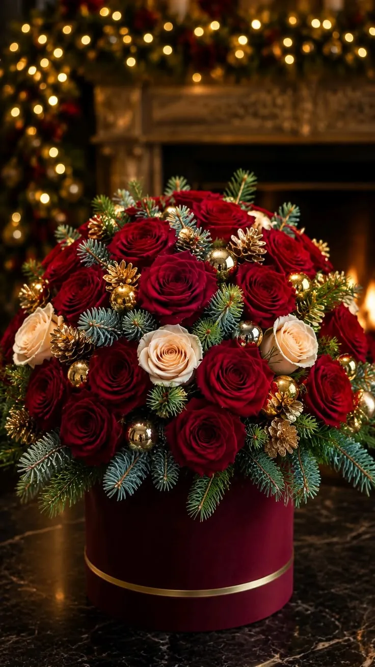 Cappelliera rossa con rose rosse e crema e dettagli dorati
