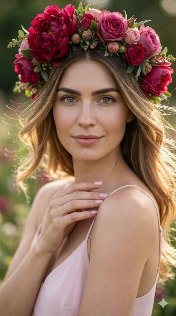 Ragazza con corona di peonie fucsia e rose rosa