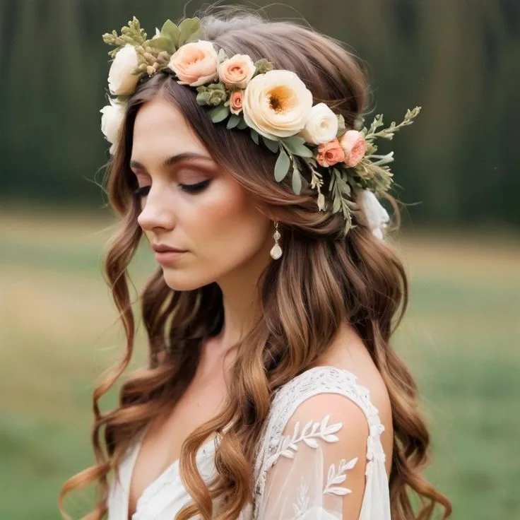 Sposa con corona di rose pesca e crema in un prato