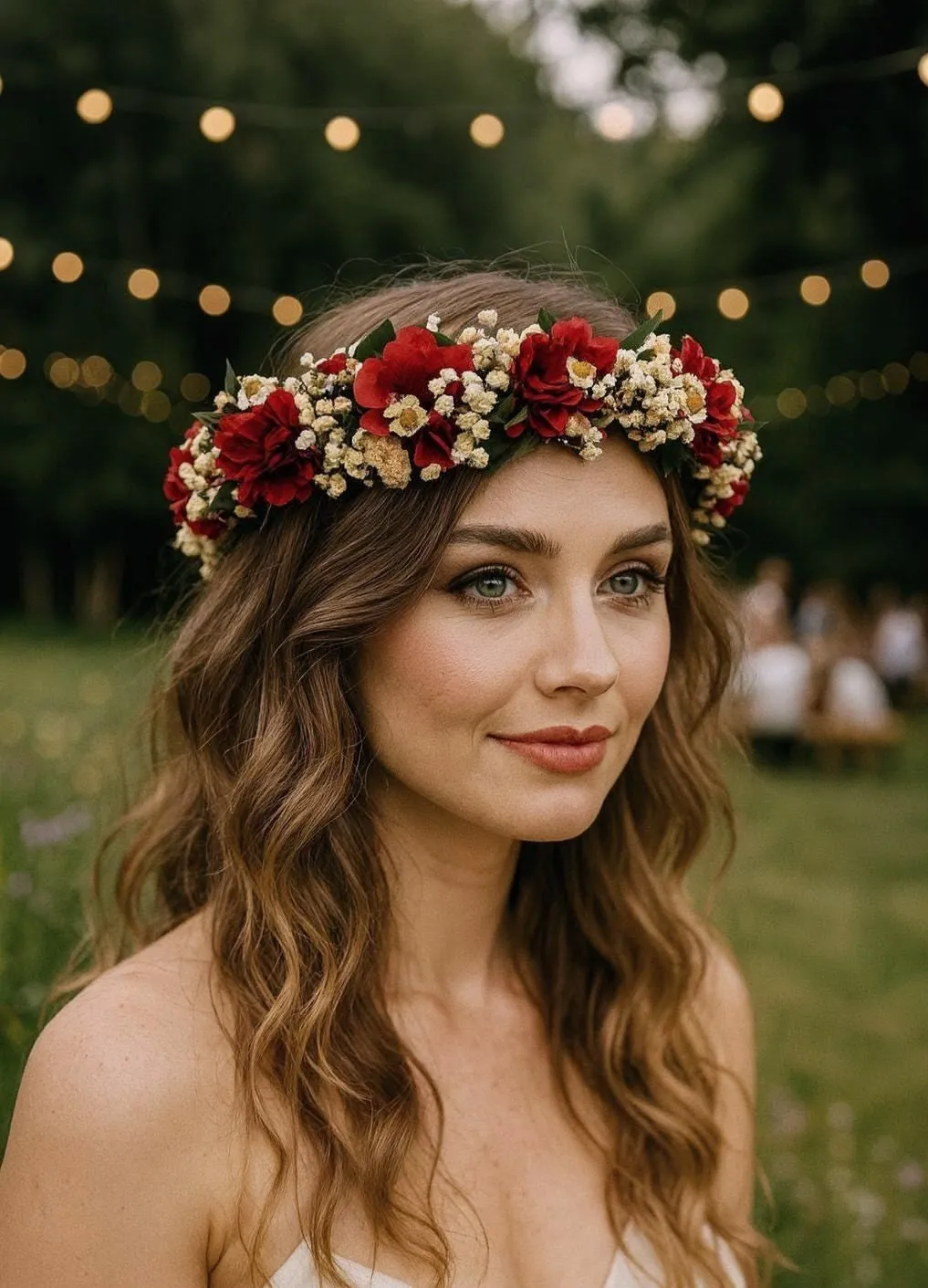 Sposa sorridente con corona di rose rosse e fiori crema in un giardino illuminato