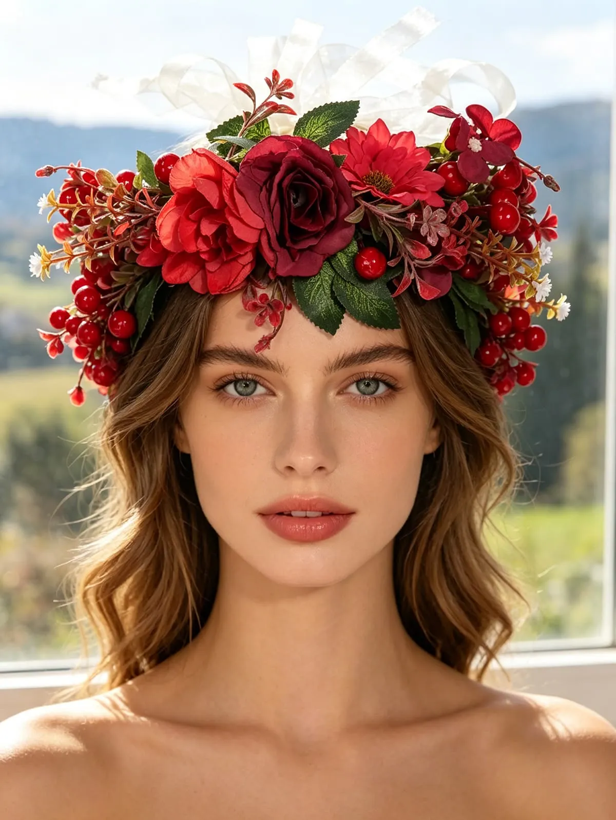 Corona di fiori rossi scenografica indossata da una ragazza con capelli castani