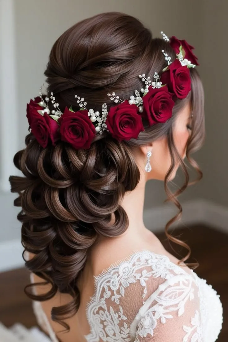 Acconciatura intrecciata con una linea di rose rosse