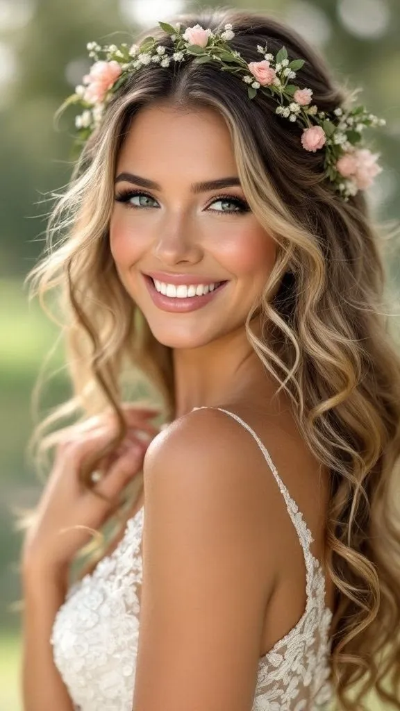 Ragazza sorridente con sottile corona di fiori pastello