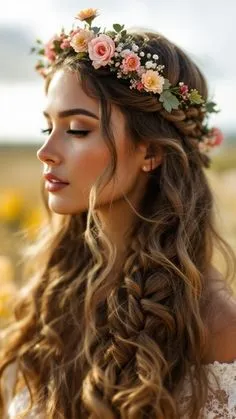 Profilo di sposa con corona di rose dai toni antichi e treccia laterale