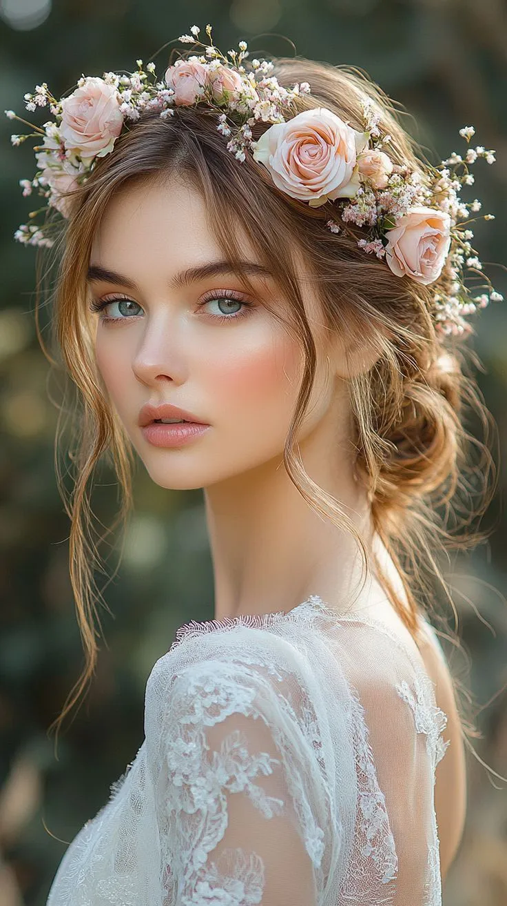 Sposa con corona di rose rosa cipria e abito in pizzo