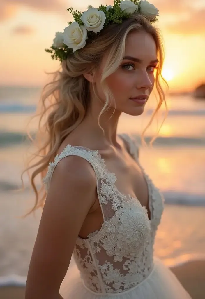 Sposa con mezza corona di rose bianche su una spiaggia al tramonto